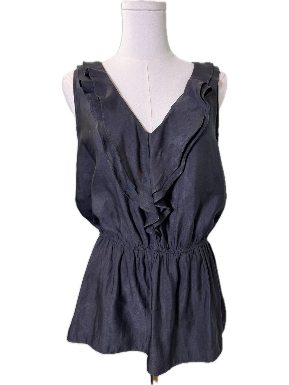 Women's Express Ruffled V-neck Sleeveless Blouse Top, Dark Gray, Size Medium